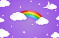 Colorful  rainbow with clouds, stars, moon, on night background, kid patterns, vector illustration Royalty Free Stock Photo