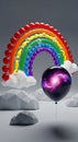 Colorful Rainbow Decor with Galaxy Balloon and Cloud Props in Creative Studio Setting Royalty Free Stock Photo