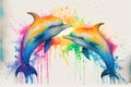 Colorful rainbow dolphin dolphins kissing watercolor painting Royalty Free Stock Photo
