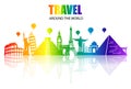 colorful rainbow famous world landmarks around the globe. Important tourist attractions concept. vector illustration.