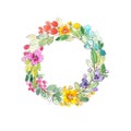 Colorful rainbow floral wreath watercolor illustration