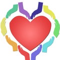 Colorful rainbow Hands together forming a heart with red heart in the centre , concept of unity and trust and love