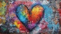 Colorful rainbow heart graffiti mural on realistic brick wall, vibrant street art