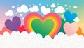 colorful rainbow heart surrounded by clouds and confetti dots on a pastel gradient background Royalty Free Stock Photo