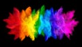 Colorful rainbow holi paint color big double powder explosion isolated dark black wide panorama background. peace rgb beautiful