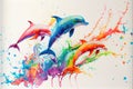 Colorful rainbow jumping dolphin dolphins watercolor painting