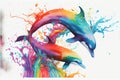 Colorful rainbow jumping dolphin dolphins watercolor painting Royalty Free Stock Photo