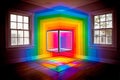 Colorful rainbow light installation with cube and geometric reflection, vibrant atmosphere Royalty Free Stock Photo