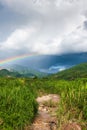 Colorful rainbow over tropical mountain valley in the rain, scenic landscape green forest and stream in countryside Royalty Free Stock Photo