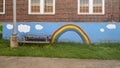 Colorful rainbow painting outside Mount Auburn School in Dallas, Texas.