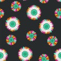 Colorful rainbow petal floral motif funky seamless pattern in retro style