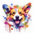 colorful rainbow realistic corgi dog head on a white background. Illustration, AI generation