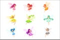 Colorful Rainbow Set Of Cute Girly Fairies With Winds And Long Hair Dancing Surrounded By Sparks And Stars In Pretty Royalty Free Stock Photo