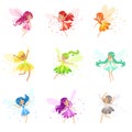 Colorful Rainbow Set Of Cute Girly Fairies With Winds And Long Hair Dancing Surrounded By Sparks And Stars In Pretty Royalty Free Stock Photo