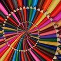 Colorful rainbow sharpen pencils spiral background pattern fractal. Pencils background pattern. School pencils rainbow spiral frac Royalty Free Stock Photo