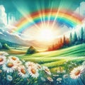 colorful rainbow is shining in the sky over a field of flowers Royalty Free Stock Photo