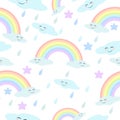 Colorful rainbow with smiling clouds, stars and rain drops. Seamless vector pattern in cartoon style, pastel colors, vector Royalty Free Stock Photo