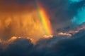 A colorful rainbow stretches across the sky with fluffy white clouds in the background, A rainbow emerging from storm clouds, AI