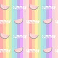 Colorful rainbow striped seamless pattern background illustration with watermelons slice and hand drawn lettering word summ