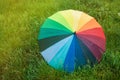 Colorful Rainbow Umbrella over a Green Grass Field Sunrisez Copy Space Spring Summer Rain Royalty Free Stock Photo