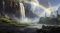 Colorful Rainbow and Water Spray over Waterfall in Nature generated by A Royalty Free Stock Photo