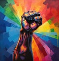 Colorful raised fist on abstract background representing strength and diversity