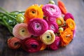 Colorful ranunculus in a bouquet. Persian buttercups bouquet of spring flowers. Generative AI