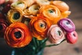 Colorful ranunculus in a bouquet. Persian buttercups bouquet of spring flowers. Generative AI