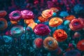 Colorful ranunculus flowers in the field. Toned.