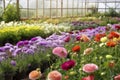 Colorful ranunculus in greenhouse. Generative ai