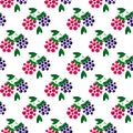 Colorful raspberries with leaves. Vector seamless background