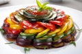 Colorful ratatouille vegetables arranged in a mouth-watering pattern on a white plate, with the focus on the texture