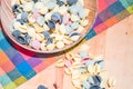 Colorful raw Pasta on wooden table Royalty Free Stock Photo