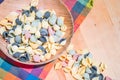 Colorful raw Pasta on wooden table Royalty Free Stock Photo