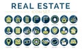 Colorful Real Estate Round Icon Set of Home, House, Apartment, Buying, Renting, Searching, Investment, Choosing, Wishlist, Low