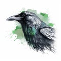 Colorful Realism: Green Splashes In Gothic Crow Head Drawing