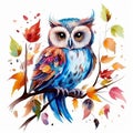 Colorful Realism: Owl Perched On Branch With Vibrant Autumn Leaves