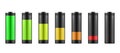 Colorful realistic battery charge level vector illustration. Various level energy alkaline batteries