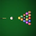 Colorful realistic billiard balls on table before hitting by cue recreational game on green canvas Royalty Free Stock Photo