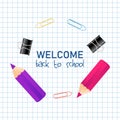 Colorful Realistic 3D Welcome Back to School Title Text with small Pencils in a round frame for Poster Design. Vector