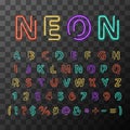 Colorful realistic neon letters, full latin alphabet on transparent background