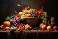 A colorful, realistic still life painting depicting a basket filled with various fruits on a table, Arrangement of organic fruit Royalty Free Stock Photo