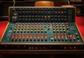 Colorful recording console with volume controls and faders beside an empty chair and vintage microphone in a dark red studio