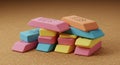 Colorful rectangular erasers are stacked on a cork surface. The erasers come in pastel Royalty Free Stock Photo