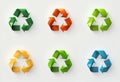 Colorful recycle icon collection, white background. Recycling signs with rotation arrow. Recycling paper, separate waste