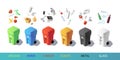 Colorful recycle trash bins with garbage icons, isometric vector set. Waste management concept. Sorting waste for recycling