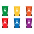 Colorful recycle trash bins isolated white, vector set. Big containers for recycling waste sorting - plastic, glass Royalty Free Stock Photo
