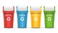 Colorful Recycle Trash Bins Vector. Set Of Realistic Red, Green, Blue, Yellow Container Buckets. On White