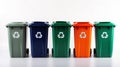 Colorful Recycling Bins Set Recycle Symbol: Plastic, Glass, Paper, Organic. Segregate Waste Concept. Eco-Friendly Royalty Free Stock Photo
