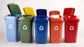 Colorful Recycling Bins Set Recycle Symbol: Plastic, Glass, Paper, Organic. Segregate Waste Concept. Eco-Friendly Royalty Free Stock Photo